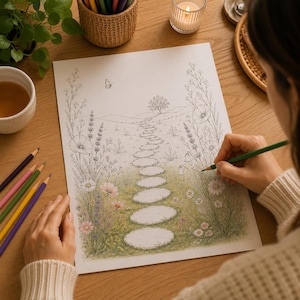 Puede incluir: Una página para colorear que muestra un camino de piedra sinuoso a través de un campo de flores silvestres, incluyendo amapolas y lavanda, que conduce a un árbol lejano. La ilustración está parcialmente coloreada en tonos verdes y rosas.