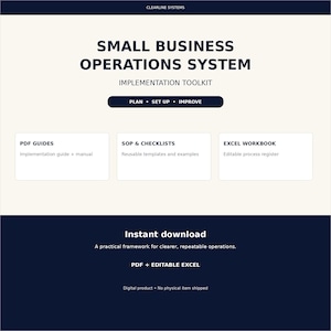 May include: A digital Small Business Operations System implementation toolkit featuring PDF guides, SOP and checklists, and an Excel workbook. The layout includes the text Plan, Set Up, Improve, and Instant download, PDF + Editable Excel.