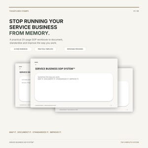 Puede incluir: Un libro de trabajo de 20 páginas titulado Service Business SOP System con texto negro sobre páginas blancas. La portada dice Stop Running Your Service Business From Memory. Incluye plantillas prácticas y procesos repetibles.