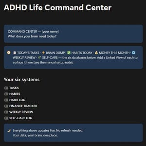 ADHD Notion Planner | ADHD Life Command Center — Neurodivergent Planner, Habit Tracker, Finance, Focus, Self-Care