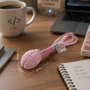 Pode incluir: Um porta-chaves em forma de cérebro rosa claro com um cordão enrolado. O cérebro mede 42 mm de altura, 33 mm de profundidade e 61 mm de largura. Uma pequena etiqueta de tecido branco está presa ao cordão com uma ilustração e texto.