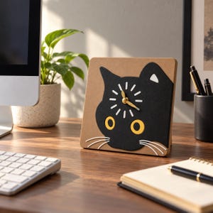 May include: A square desk clock with a tan background featuring a stylized black cat face. The cat has large yellow eyes, white whiskers, and a white ear tip. Gold-colored clock hands are centered on the cat's forehead with white hour markers.