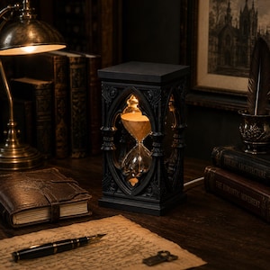 May include: A black rectangular hourglass with an intricate gothic architectural frame and pointed arches. The hourglass contains light-colored sand and is illuminated from within, casting a warm glow through the glass bulbs.