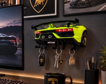 Supercar-Schlüsselanhänger zur Wandmontage, Garagendekoration im Stil des Aventador SVJ, 3D-gedruckter Autoschlüssel-Organizer, Sportwagen-Wandkunst, Geschenk für Autoliebhaber