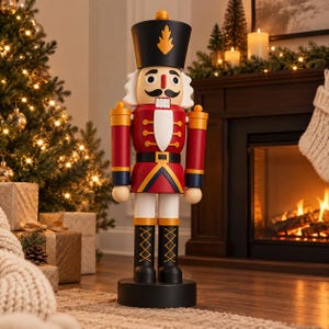 May include: A decorative nutcracker figure standing on a circular base. The figure wears a black hat with a gold emblem, a red jacket with gold trim, a white beard, and black boots with gold cross-lacing. It features a painted face with a moustache.