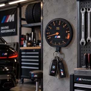 May include: A black wall-mounted key holder shaped like a circular tachometer gauge with orange numbers and a needle. The center features the M logo. A metal ring hangs from the bottom, holding a black BMW car key fob and a black leather keychain.