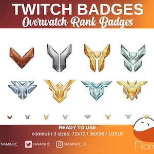 Może przedstawiać: Zestaw ośmiu odznak rangi Overwatch dla Twitcha. Odznaki są w różnych kolorach, w tym złoty, srebrny, brązowy i niebieski. Odznaki są dostępne w trzech rozmiarach: 72x72, 36x36 i 18x18.