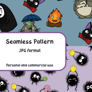 Puede incluir: Un patrón digital sin costuras con personajes de dibujos animados sobre un fondo azul, incluyendo una criatura gris con paraguas, un gato negro, un espíritu de fuego y una figura de cara blanca. Abajo, duendes de hollín negros sosteniendo estrellas.
