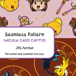 Puede incluir: Un gráfico digital que presenta un patrón continuo de personajes de anime, criaturas amarillas y varitas mágicas sobre un fondo rosa, con una superposición blanca que contiene el texto: Seamless Pattern SAKURA CARD CAPTOR JPG format Personal and commercial use.