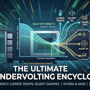 May include: A graphic illustration of a graphics card featuring a voltage-frequency curve, NVIDIA and AMD logos, and text reading THE ULTIMATE GPU UNDERVOLTING ENCYCLOPEDIA. Icons indicate lower temps, silent PC, and same FPS performance metrics.
