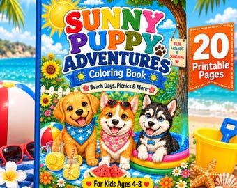 4歳から8歳のお子様向け、サニーパピーぬりえ｜印刷可能な犬の冒険シーン20種類