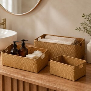Woven Wicker Rectangular Storage Basket, Japandi Wabi Sabi Shelf Organizer