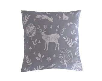 Cushion Cover in Grey Woodland Animals Print 16" Fox Rabbit Stag Deer