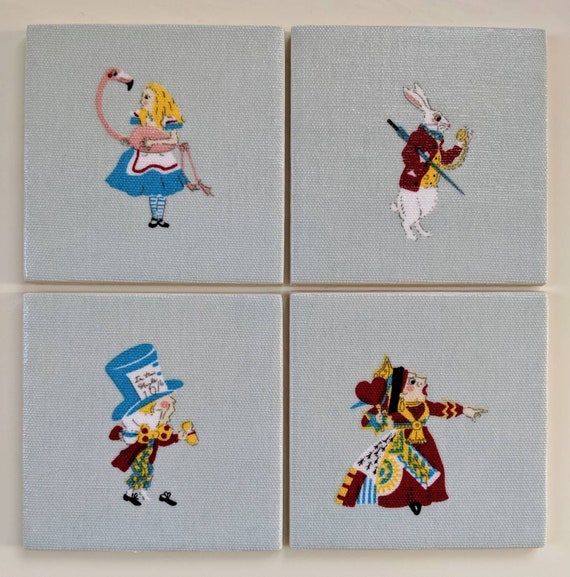 4 Ceramic Coasters in Sophie Allport Alice in Wonderland Rabbit Mad Hatter