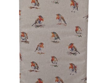 May include: A beige tea towel with a repeating pattern of watercolor robins. The robins are depicted in various poses, with some facing left and others facing right. The background is a light beige color.
