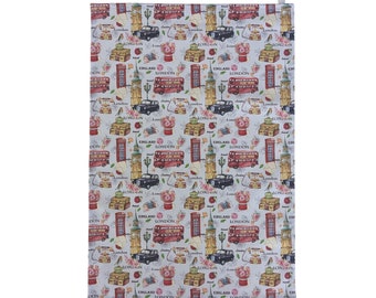 May include: A white tea towel with a repeating pattern of London landmarks, including red double-decker buses, black taxis, red telephone boxes, and Big Ben. The pattern also includes floral accents and the text "England London".