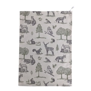 Grey Green Woodland Animals Tea Towel
