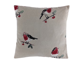 Robin and Raspberry Red Tartan Brushed Cotton Cushion Cover 16"