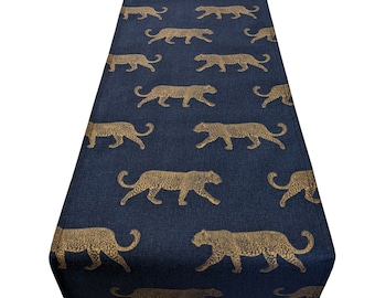 Gold Navy Blue Leopard Table Runner 39"-99" 100-250cm