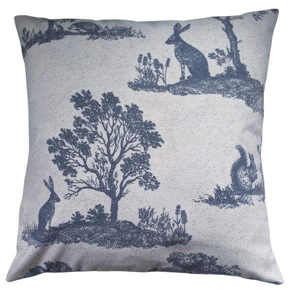 Kissenhülle in Blau Toile Hase Eichhörnchen Waldtiere 16"