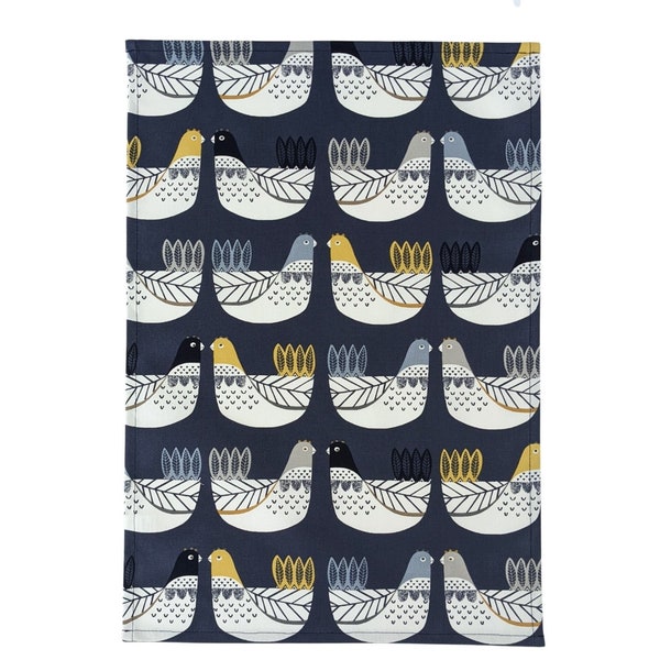 Navy Blue Yellow and Grey Scandi Chickens Tea Towel