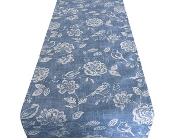 Bird Garden Denim Blue Spring Table Runner 39"-98" 100-250cm