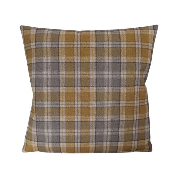 秋 黄土色 イエロー グレー タータンチェック リネン風 クッション