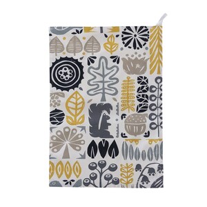 Tea Towel in Scandi Woodland Yellow Grey