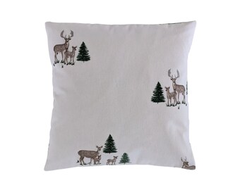 Green Stag Tree and Tartan Christmas Cosy Cushion Cover 16"