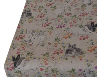 Floral Rabbits Spring Easter Table Runner Natural Linen Look