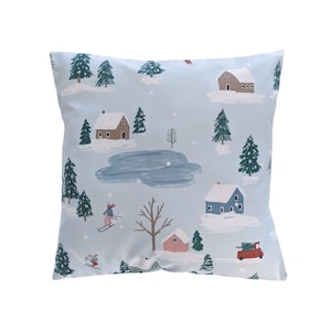 Christmas Blue Winter Ski Village Red Car Trees Cushion Cover 16"
