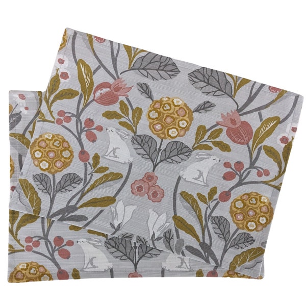 Placemats in Woodland Rabbit Fabric Place Mats Pan Stand Grey Yellow Coral