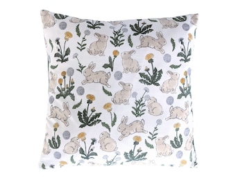 Cushion Cover in Spring Rabbit Dandelion and Daisy Print 16"