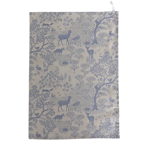Tea Towel in Blue Wild Woodland With Rabbits Stags Foxes Hedgehogs and Squirrels