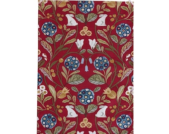 Red Blue Woodland Rabbit Tea Towel