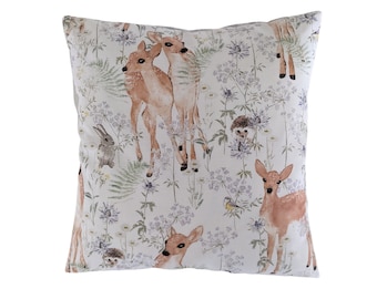 Cushion Cover in Baby Woodland Animals Print 16" Hedgehog Rabbit Bird Deer