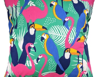 Cushion Cover in Parrot Toucan and Flamingo Print 16"