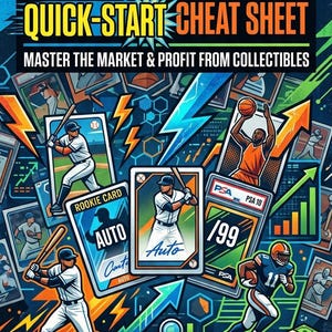 May include: A digital guide titled Sports Card Flipping Quick-Start Cheat Sheet, featuring illustrations of baseball and football players, trading cards, and stacks of cash. The text includes Master the Market & Profit From Collectibles and a list of topics like Best Cards, Pricing Formula, When to Grade, Ebay Listing Template, Profit Calculator, and Top Mistakes.