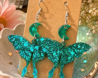Teal glitter luna moth earrings, handmade resin