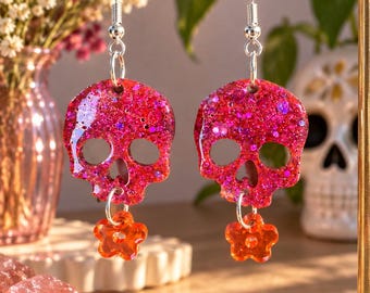 Handmade Glitter Skull Earrings, Orange Flower Dangle, Halloween Resin Jewelry
