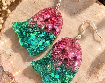 Handmade Ombre Resin Ghost Earrings, Pink Green Glitter Dangles, Halloween Jewelry
