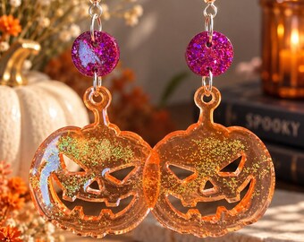 Handmade Glitter Jack O Lantern Earrings, Orange Pumpkin Dangle, Pink Accents (Halloween Jewelry)