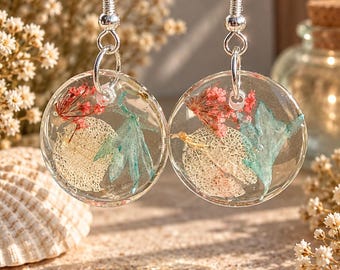 Handmade Resin Dangle Earrings, Pressed Floral Jewelry, Nature Inspired Statement Earrings