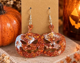 Handmade Orange Glitter Jack O Lantern Earrings, Spooky Fall Jewelry