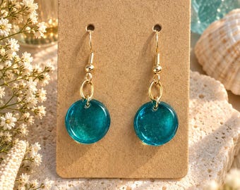 Handmade Turquoise Resin Dangle Earrings, Gold-Tone Coastal Jewelry