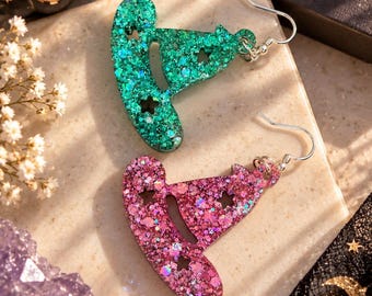 Handmade Glitter Witch Hat Earrings, Sparkly Halloween Jewelry (Pink or Green)
