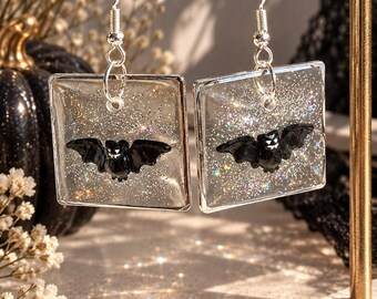 Handmade Resin Bat Earrings, Glitter Halloween Dangle Jewelry, Clear Sparkle Statement Earrings