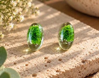 Handmade Green Floral Resin Stud Earrings, Clear Botanical Jewelry