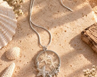 Handmade Resin Starfish Pendant Necklace, Silver Coastal Jewelry, Beach Lover Gift
