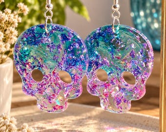 Iridescent Glitter Skull Earrings, Teal Purple Resin Dangles, Halloween Statement Jewelry